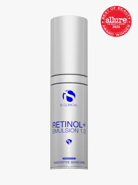 iS Clinical Retinol+ Emulsion 0.3 in branded silver bottle with cap on light gray background with red Allure Best of Beauty seal in the top right corner